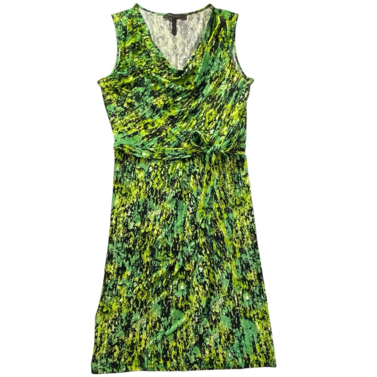 Bcbgmaxazria Meri Faux Wrap Dress Medium Green Black Cowl Neck Tie